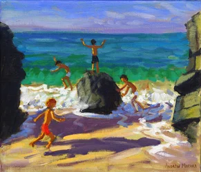 Klimmen op rotsen, Porthmeor strand, St Ives, 2013